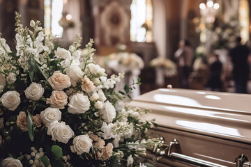 White coffin with a flower arrangement in church. Generative AI. - obrazy, fototapety, plakaty