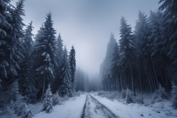 Enchanting Christmas scene of snowy trees in a forest, with glistening white branches and a serene winter ambiance. A magical winter wonderland. Generative AI.