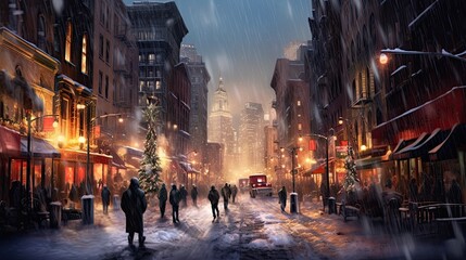 Snowy Cityscape, A cityscape under a blanket of white snow, with soft lights glowing from windows, and people walking with umbrellas amidst gently falling snowflakes.
