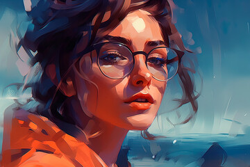 Portrait painting of a woman wearing glasses in a colorful portrait painting. Digital-art style. Generative AI
