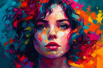 Portrait painting of a woman with mesmerizing blue eyes depicted in a painting. Digital-art style. Generative AI © vitalisarnoldus