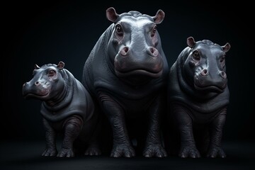 3D illustration of hippopotamus family isolated on dark background. Generative AI