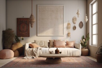 Bohemian living room with a blank wall for art on a beige background. 3D render. Generative AI