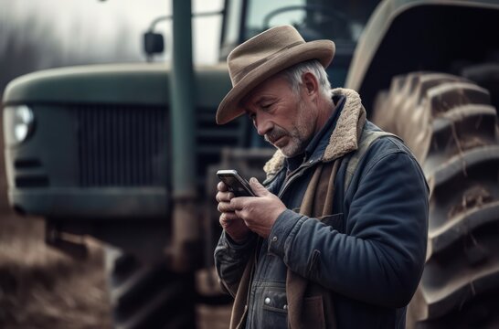 Portrait of joyful farmer multitasking with smartphone and tractor at harvest. Embracing modern agricultural concepts..