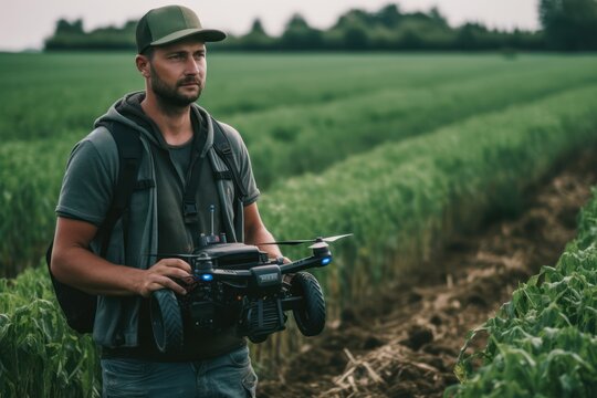 image of farmer using drone and tractor, embodying modern agricultural practices with technology and machinery..