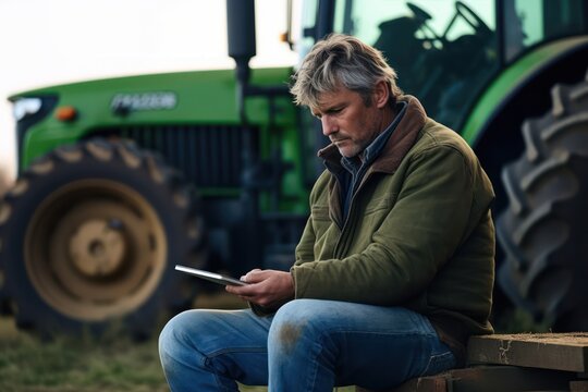 Portrait of farmer using tablet and tractor at harvesting. Modern agriculture with technology and machinery concept.