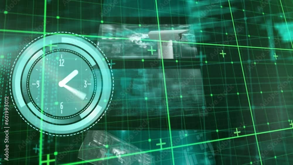 Poster animation of neon ticking clock over multiple screens with data processing against green background