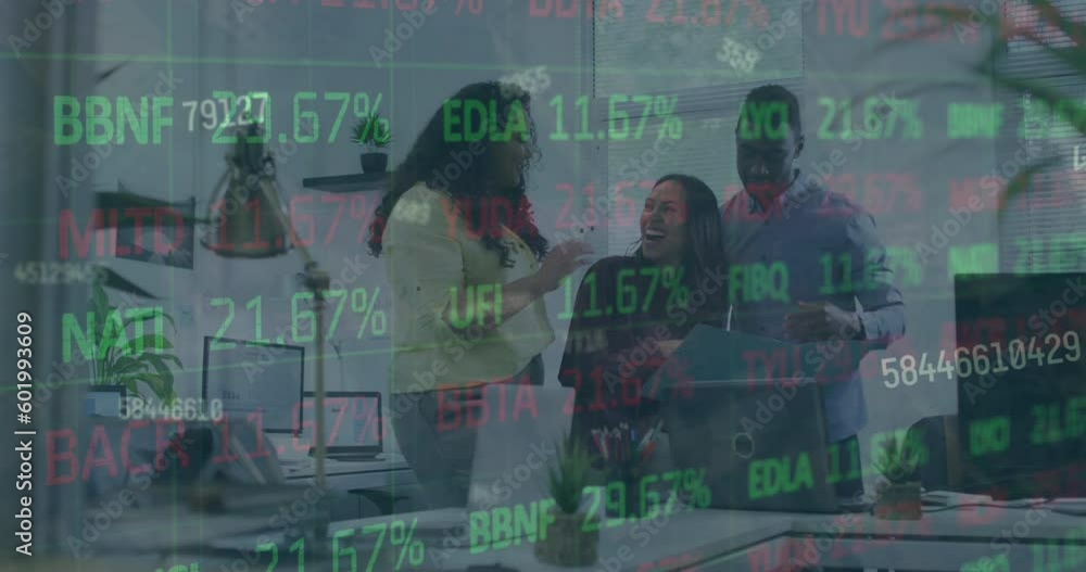 Poster animation of stock market data processing over diverse colleagues high fiving each other at office