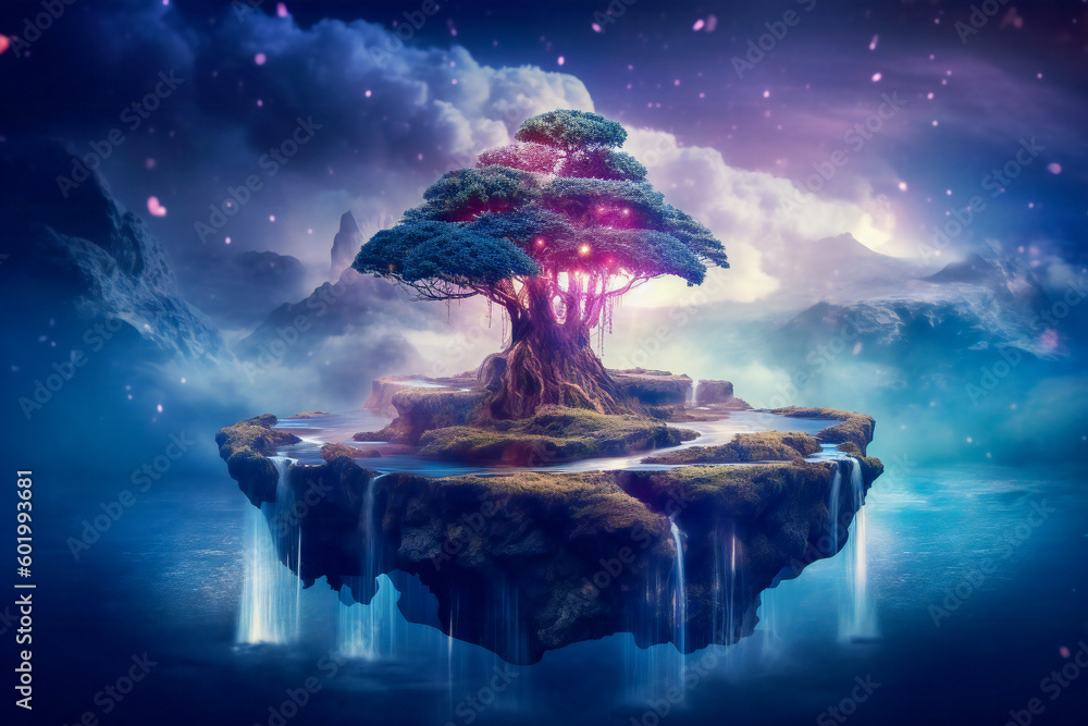 Poster surreal dream giant tree growing on a giant floating rock on a strange alien planet. created with ge