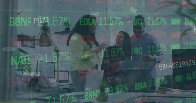 Animation of stock market data processing over diverse colleagues high fiving each other at office