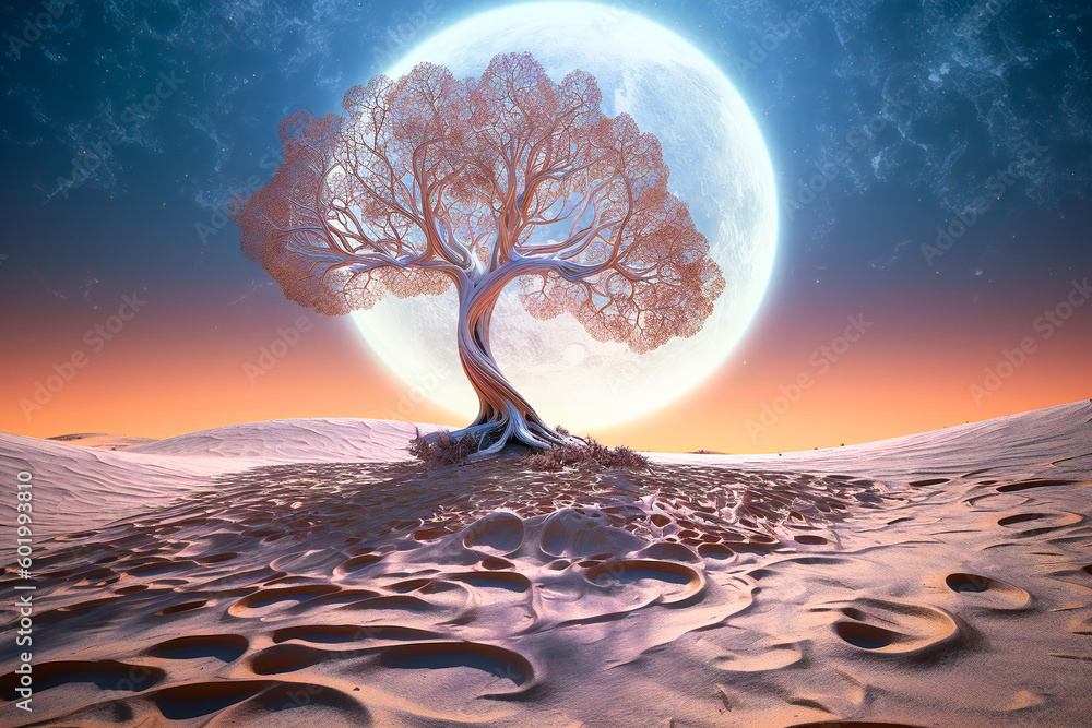 Poster lone tree growing on a strange alien desert planet. created with generative ai technology.