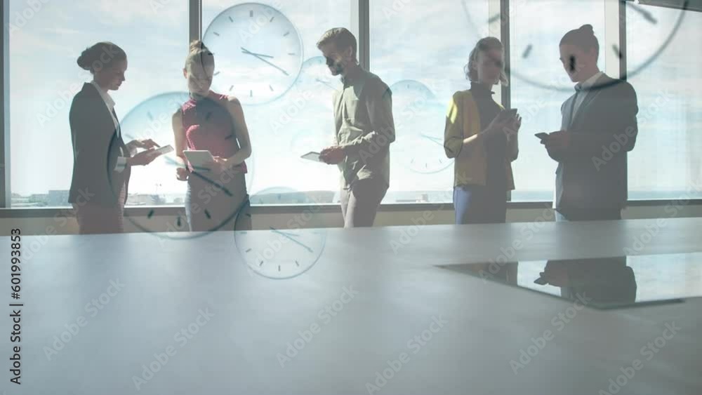 Poster Animation of multiple ticking clocks floating against diverse businesspeople working at office