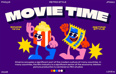 Funny cartoon movie character. fashion poster. Vector illustration of popcorn and movie ticket in 90s style. Set of comic elements in trendy retro groovy style.
