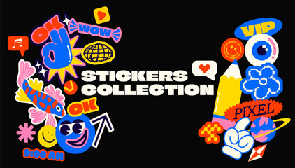 Collection colorful stickers in cartoon style. funky hipster patches in the 90s.Vector promo labels