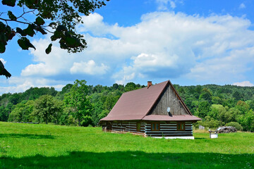 Traditional wooden rural house in summer sunny day, Olchowiec village near Jaslo, Low Beskids (Beskid Niski), Poland - obrazy, fototapety, plakaty