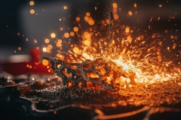 Fototapeta na wymiar Sparkling metalwork: flying fire, sparks, and anvils. Generative AI