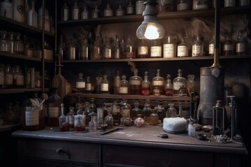 Fototapeta na wymiar Antique and eerie lab with old mining & measuring tools, pharmacy bottles, vintage mini lab, medieval potions on dirty shelf & apothecary cabinet. Generative AI