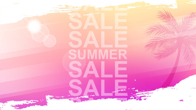 Summer Sale promotional banner. Summertime commercial background with summer sun and palm tree for business, seasonal shopping, sale promotion and advertising. Vector illustration.