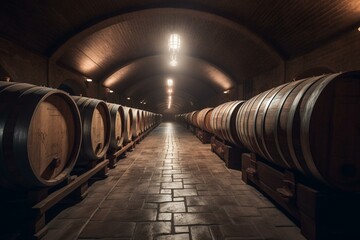 3D illustration of wine cellar barrels. Generative AI