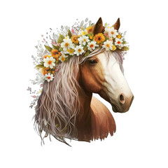 Beautiful Horse with flower crown, A Horse with a wreath of flowers, Watercolor portrait of a Horse with flowers crown in her hair isolated on Transparency Background, Generative AI