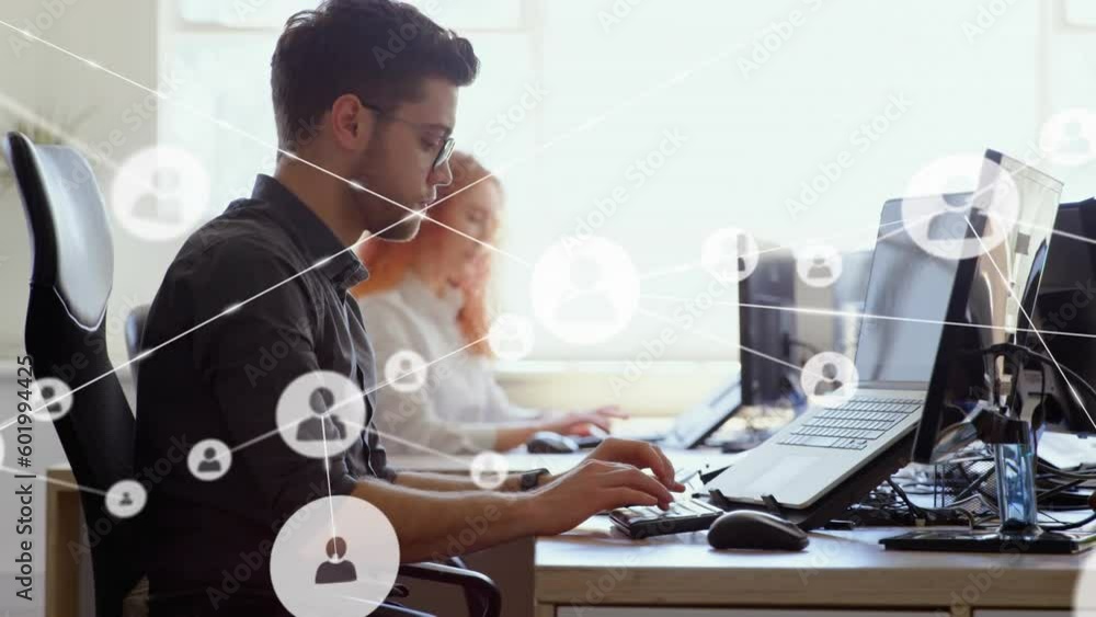 Poster animation of network of profile icons against caucasian man using computer at office