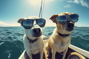 Fototapeta na wymiar Two stylish dogs enjoying a sunny day on a boat ride in the ocean. Generative AI