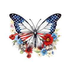 Fototapeta na wymiar Beautiful Florals butterfly in back usa flag isolated on Transparency Background.