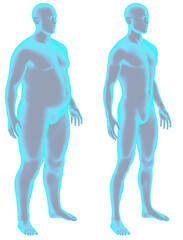3D illustration featuring a slender man, contrasting with his overweight and muscle-less self, three quarter angle.