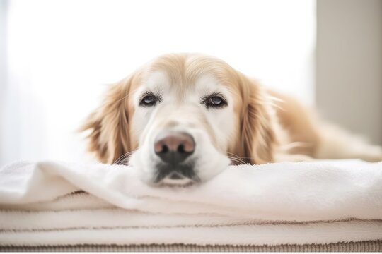 Cute relaxed dog lying on clean towels after taking bath . AI Generated