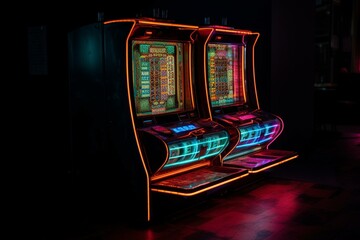 A high-tech slot machine with neon lights symbolizing gambling and loss. Generative AI