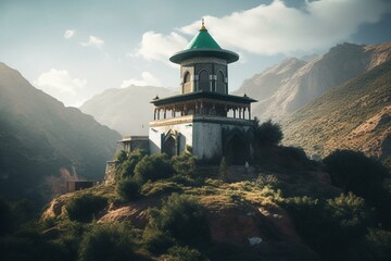 Mountain mosque artwork inspired by Moroccan landmarks. Generative AI