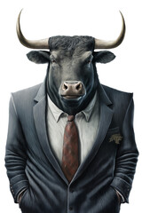Bull dressed in a formal business suit on transparent background, created with generative AI