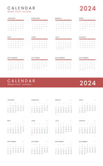 Set of 2024 Annual Calendar template. Vector layout of a wall or desk simple calendar with week start Sunday. Calendar design in black and white colors, holidays in red colors.