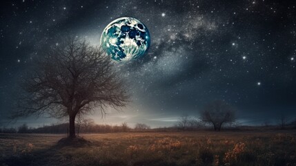 Obraz na płótnie Canvas 大きな月と星の輝く夜の草原：AI作品 