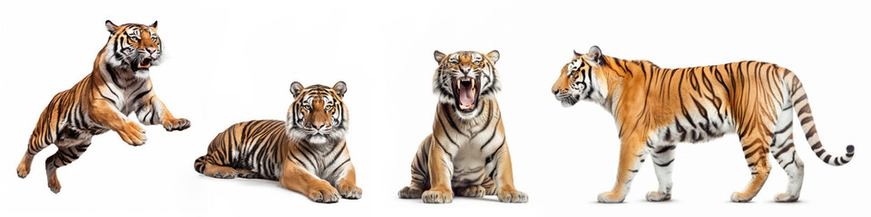 Fototapeta na wymiar Wildlife zoo safari africa tigers animals banner panorama long - Collection of standing, running, sitting, lying group of beautiful tiger, isolated on white background, Generative Ai