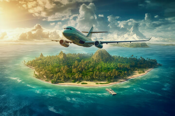 Fototapeta premium Airplane soaring over a picturesque tropical island in the ocean. Generative AI
