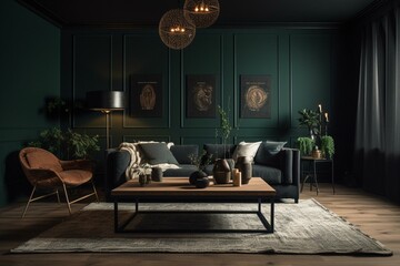 Dark living room with farmhouse-style mockup wall. Generative AI
