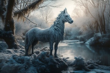 Stunning mythical creature amidst enchanted winter landscape. Generative AI