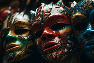 Multicultural masks displaying vibrant colors. Generative AI