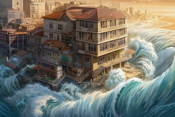 Illustration of a house facing a massive tsunami wave. Generative AI - obrazy, fototapety, plakaty
