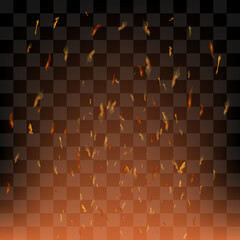 Vector realistic fire. Red Flame over checkered black background. Hot red and yellow burning fire with flying embers.