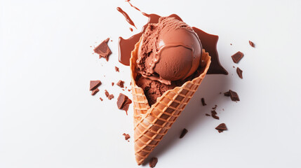 Leckeres Schokolade Speiseeis, Eiscreme in einer Waffel vor weissem Hintergrund, generative KI