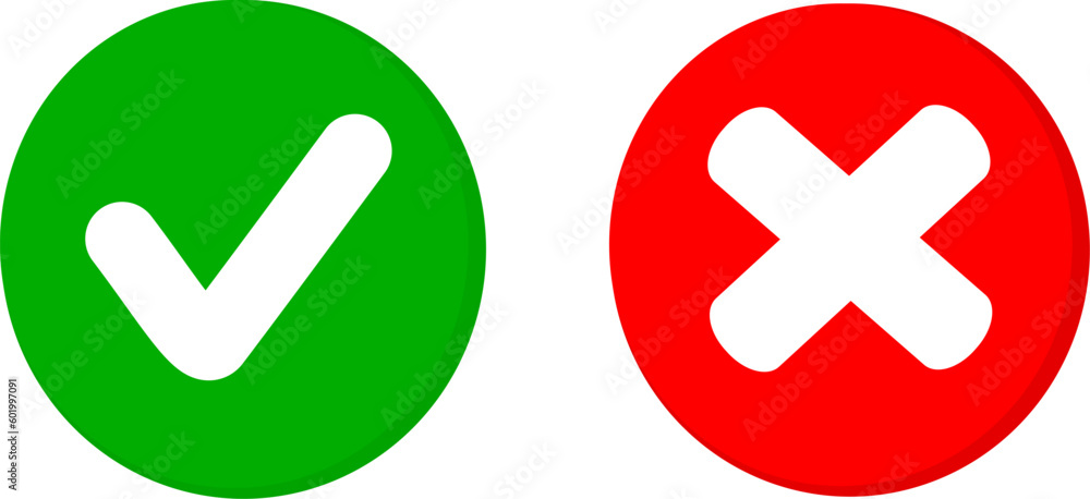 Aufkleber tick and cross signs. green checkmark and red x icons isolated on white background. replaceable vect