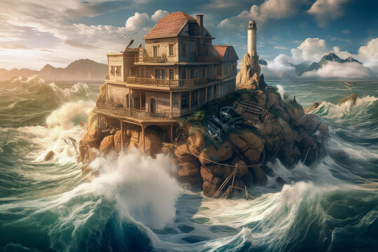 Illustration of a solitary house perched on a rocky island amidst the raging ocean waves. Generative AI
