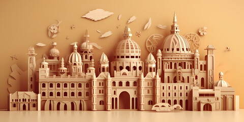 Fototapeta premium Mexico landmark paper cut with light brown background , travel, tourism concept, generative ai