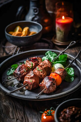 Appetitive Grilled meat shashlik, shish kebab with vegetables on wooden board. Good food.