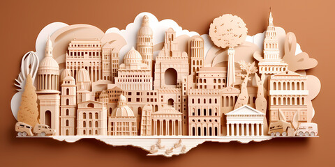 Italy landmark paper cut with brown background , travel, tourism concept, generative ai