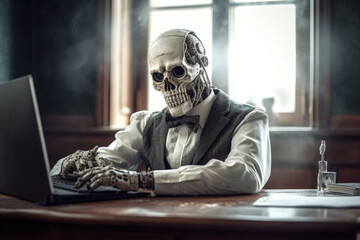 A futuristic skeleton working on a laptop at a table. Generative AI