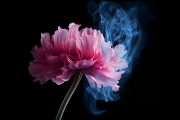 pink flower with blue center and smoke on black background. Generative AI