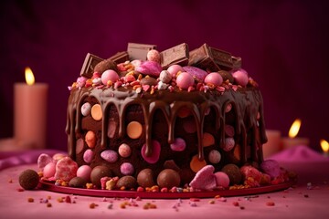 Chocolate-drenched pink birthday cake adorned with candies on a pink backdrop. Generative AI